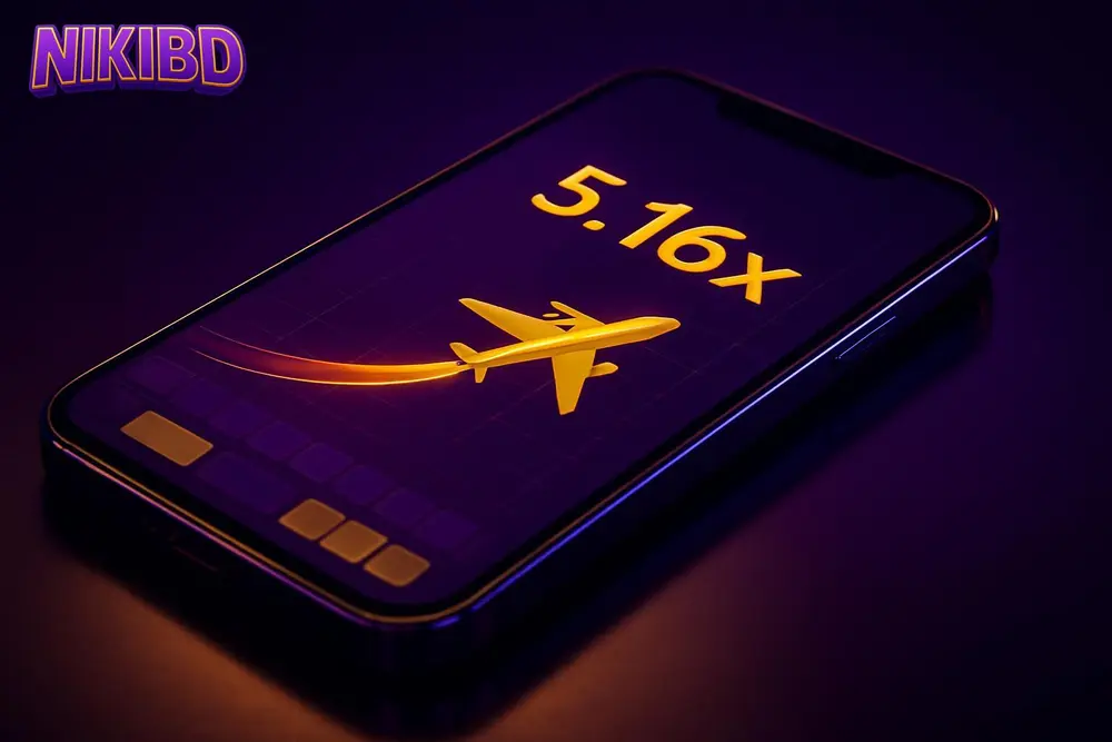 NIKIBD Aviator game — a smartphone displaying a colorful crash betting game in motion