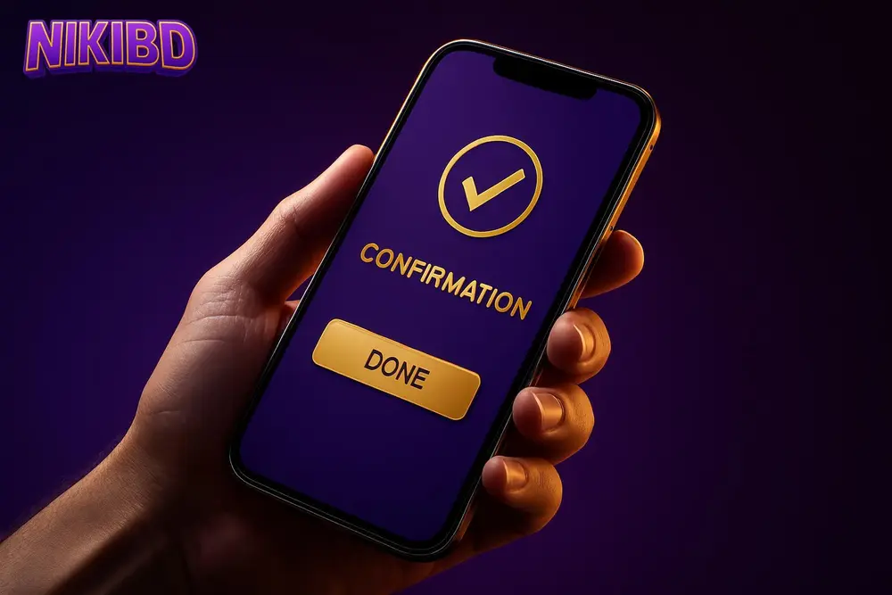 NIKIBD bKash deposit — a hand holding a phone showing a mobile payment confirmation screen