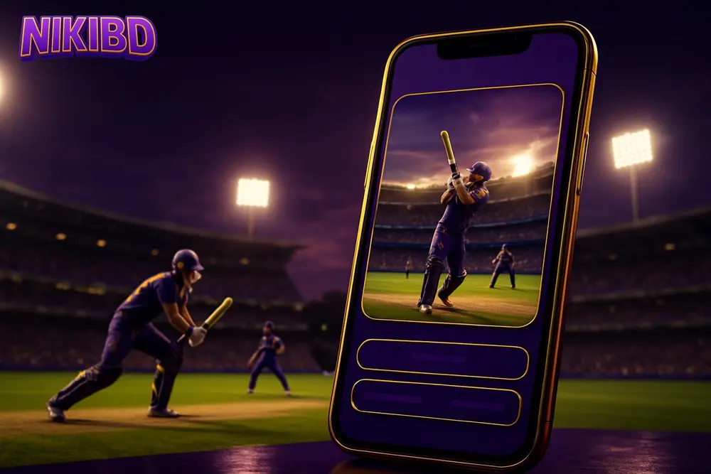 NIKIBD Bangladesh betting platform — a stadium cricket match viewed alongside a betting app screen